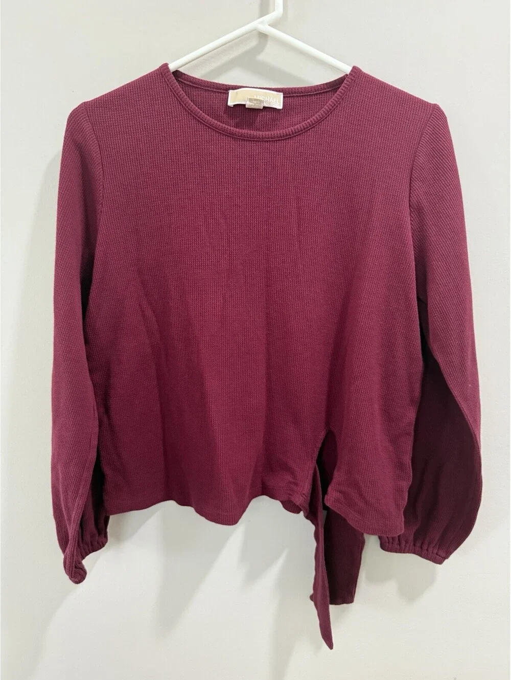 MICHAEL Michael Kors Burgundy Solid Knit Round Neck Balloon Sleeve Tie Hem M